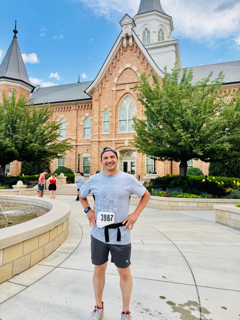 Jared Wilson right after the Temple to Temple 5K race in front of the Provo City Center Temple Utah