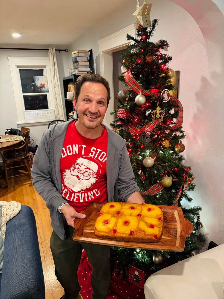 Jared Harding Wilson Homemade Pineapple Upside Down Cake in front of the Christmas Tree