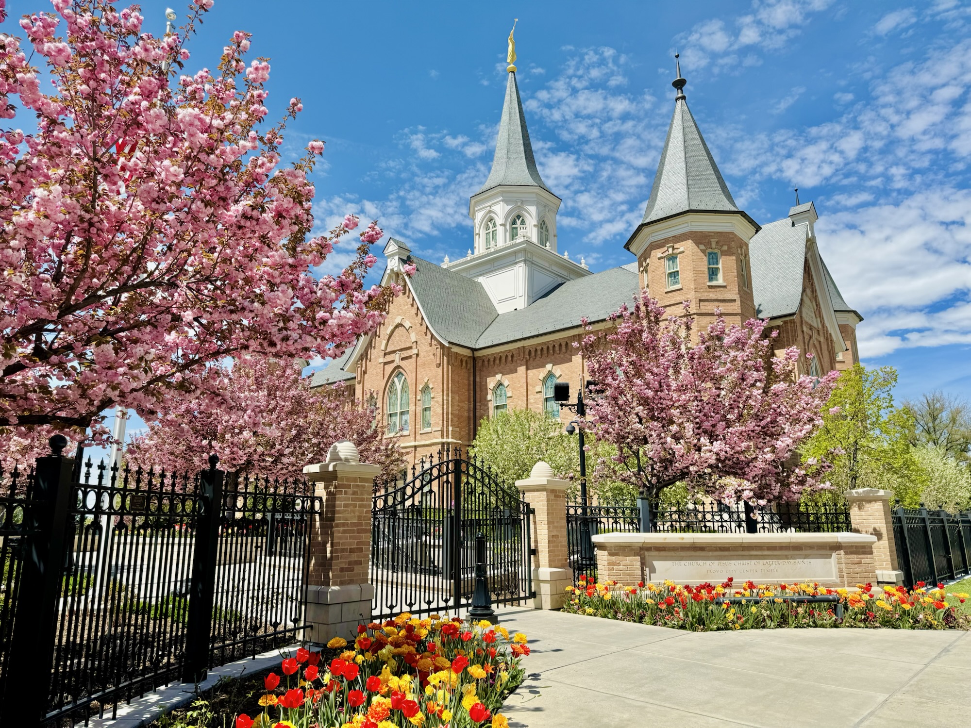 Corner view of the Provo City Center Temple from University Avenue with trees in full bloom and flowers in the foreground.
