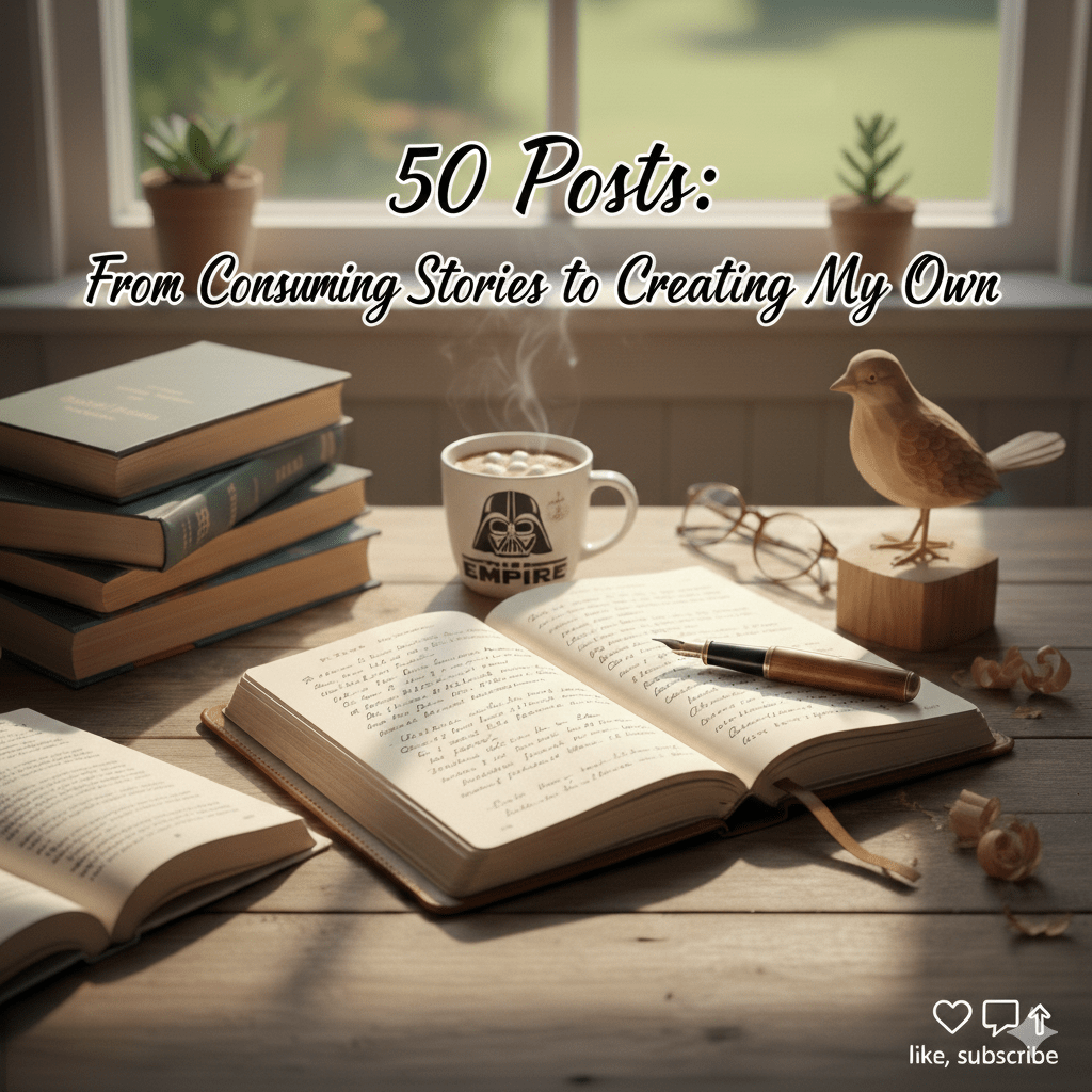 A cozy writing desk with an open journal, a fountain pen, a stack of books, a Star Wars Vader mug with hot cocoa, and a small wood-carved bird by a window.