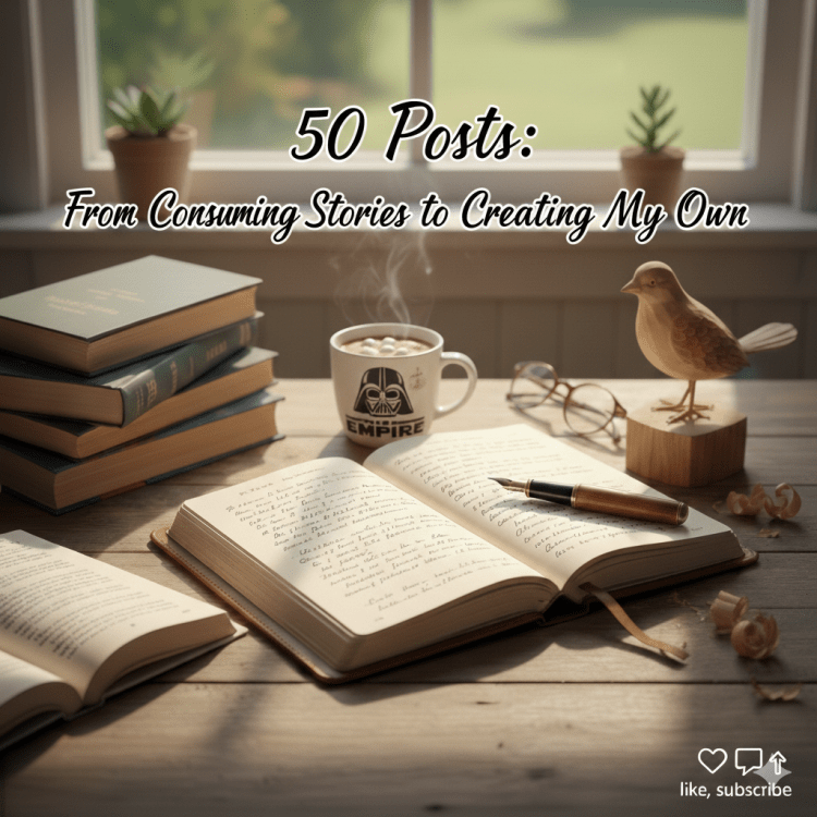 A cozy writing desk with an open journal, a fountain pen, a stack of books, a Star Wars Vader mug with hot cocoa, and a small wood-carved bird by a window.