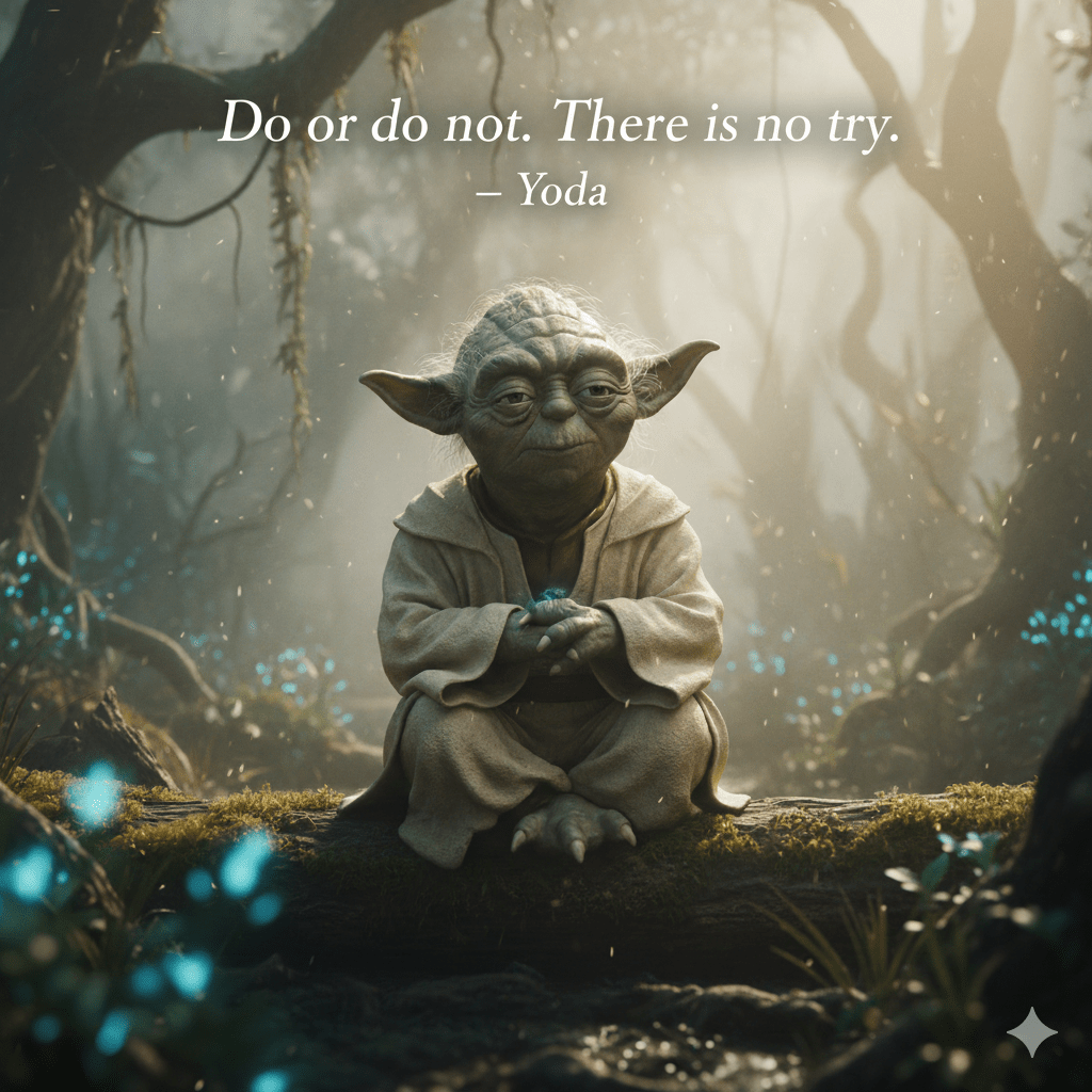 “Do or do not. There is no try.” — Yoda Quote of the Day with Yoda contemplating life on a rock in a magical forest.
