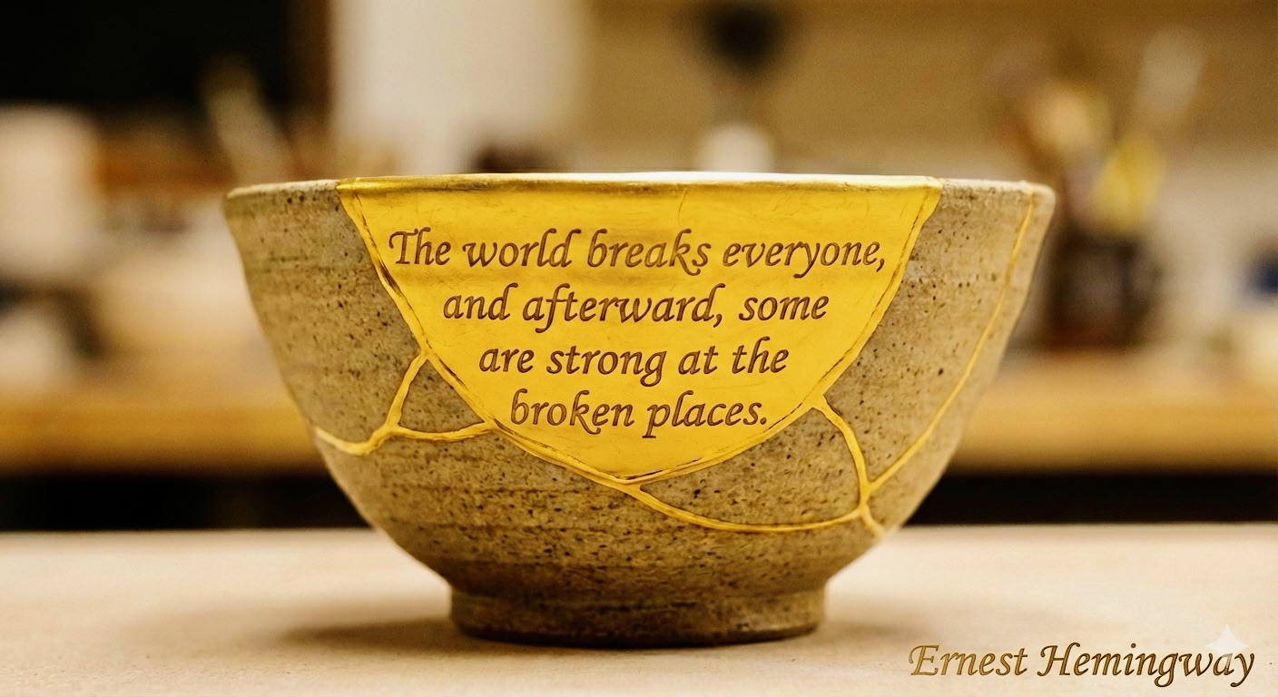 A ceramic kintsugi bowl with gold-filled cracks, featuring the Ernest Hemingway quote: 'The world breaks everyone, and afterward, some are strong at the broken places.