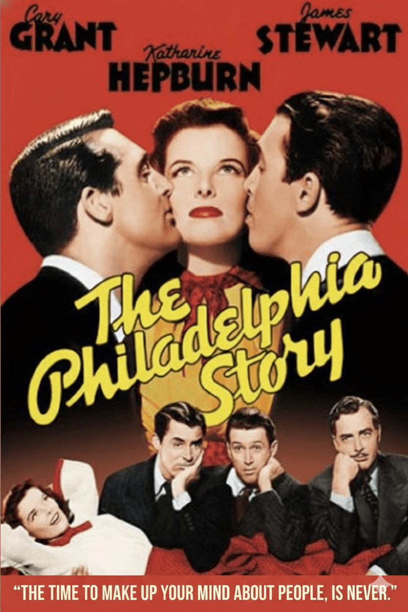 Vintage movie poster of The Philadelphia Story with Katharine Hepburn, Cary Grant, and James Stewart, including the quote 'The time to make up your mind about people, is never.'