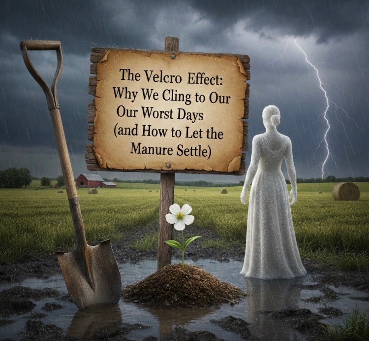 A large shovel in a muddy farm field next to a sign reading "The Velcro Effect: Why We Cling to Our Worst Days." A sparkling salt statue of a woman stands nearby as a white flower grows from a pile of dirt during a storm.