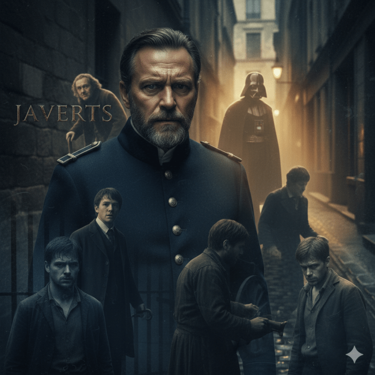 Digital art by Jared Harding Wilson depicting Inspector Javert in 19th-century uniform, with the silhouettes of Darth Vader and Ebenezer Scrooge representing the struggle between judgment and redemption.