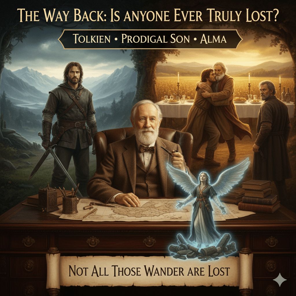 Digital art of J.R.R. Tolkien with Aragorn, the Prodigal Son, and Alma the Younger, illustrating the theme of redemption and the quote 'Not all those who wander are lost.' Created for the blog of Jared Harding Wilson.