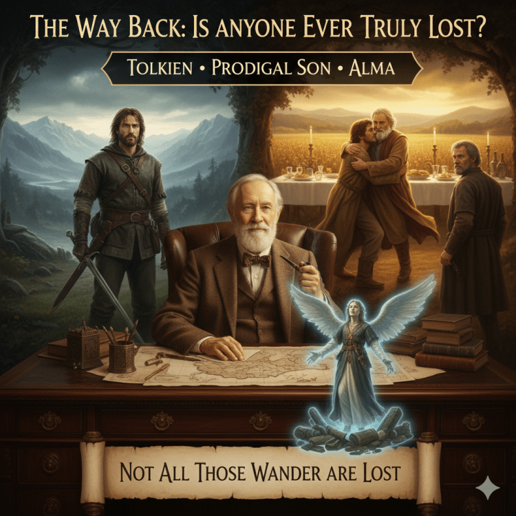Digital art of J.R.R. Tolkien with Aragorn, the Prodigal Son, and Alma the Younger, illustrating the theme of redemption and the quote 'Not all those who wander are lost.' Created for the blog of Jared Harding Wilson.