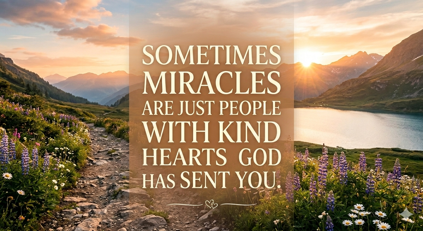 Inspirational quote about miracles and kind hearts over a hopeful mountain sunset landscape, shared by Jared Harding Wilson. “Sometimes miracles are just people with kind hearts that God has sent you.”