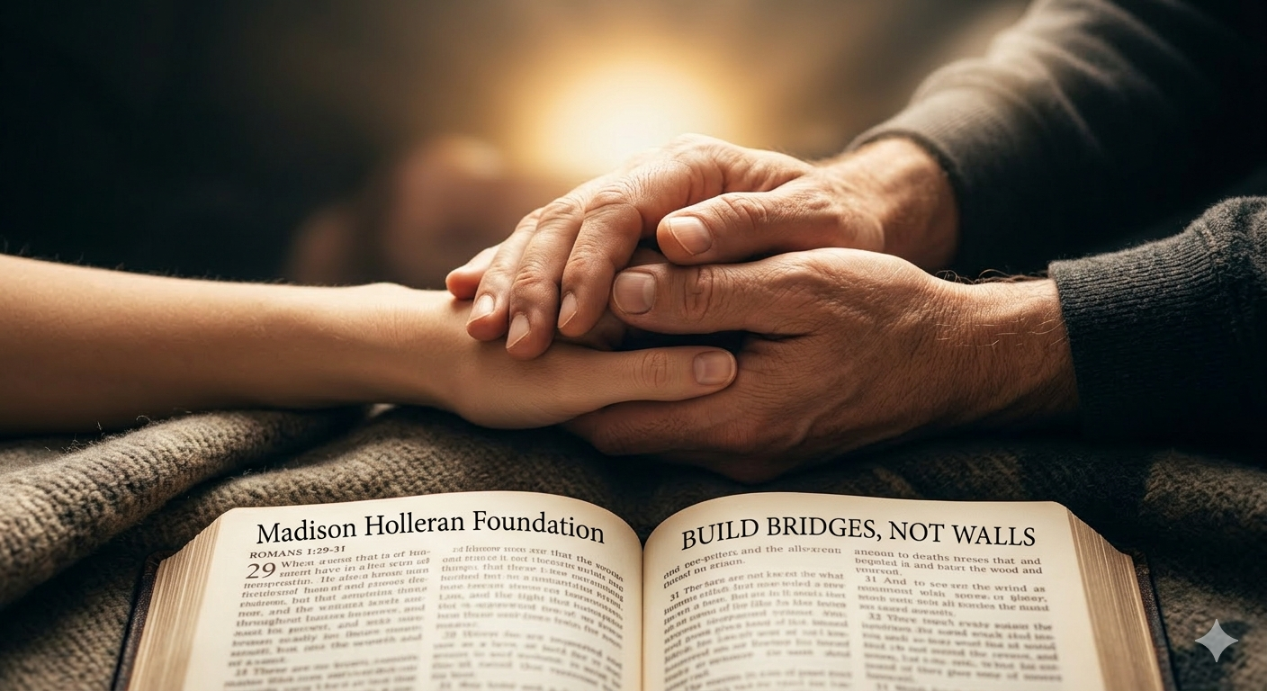 Clasped hands offering support to a younger hand over a text of Romans 1:29-31, illustrating compassion in Christ as written by Jared Harding Wilson.