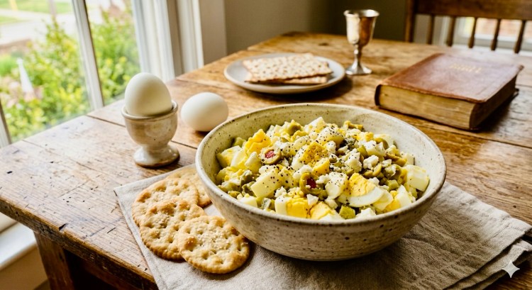 A bowl of Mediterranean egg salad with olives, feta, and crackers on a wooden table. In the background are matzah, hard-boiled eggs, and a Bible by a window by Jared Harding Wilson.