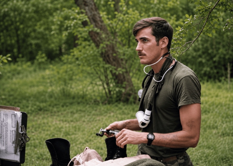 An Army Special Forces medic with a stethoscope teaching a medical class, a key moment of service captured for the Jared Harding Wilson family history.