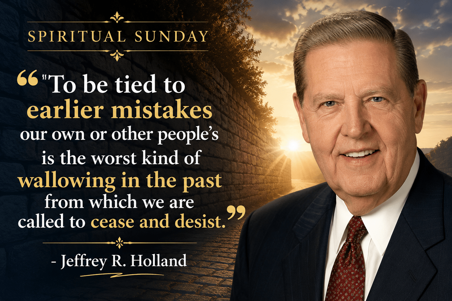 Spiritual Sunday featured image created by Jared Wilson featuring Jeffrey R. Holland and a quote about letting go of past mistakes, forgiveness, repentance, healing through Jesus Christ, and moving forward in faith.