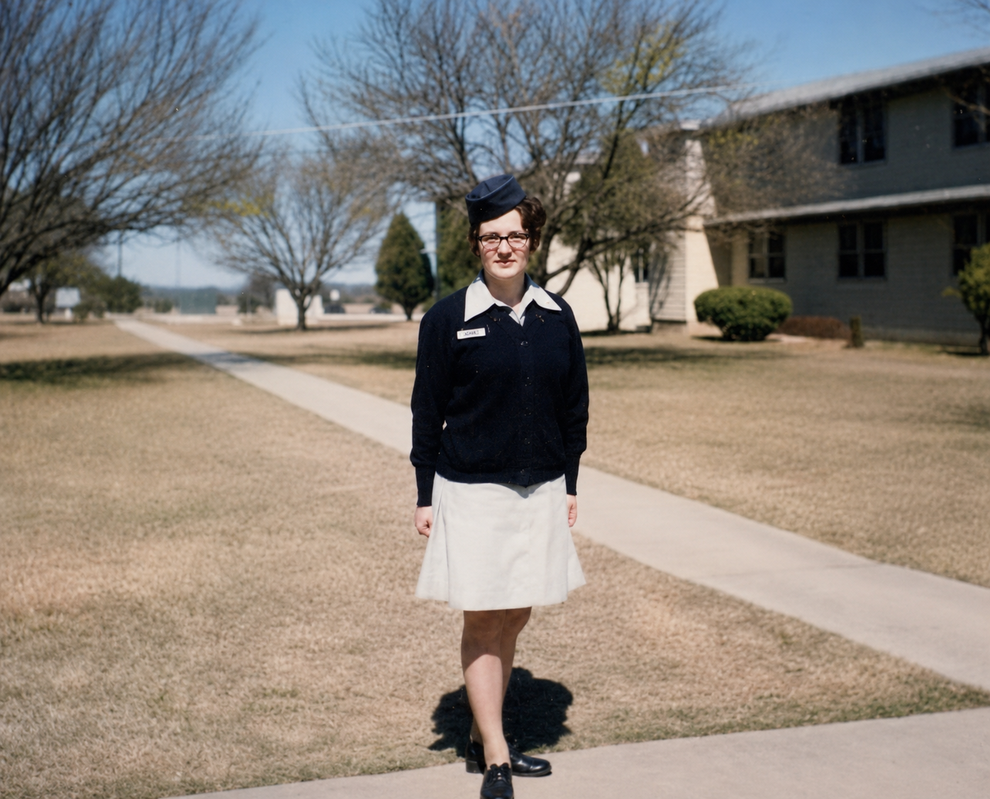 A young woman in a vintage United States Air Force uniform standing outside a military barracks building. Photograph from the collection of Jared Harding Wilson.