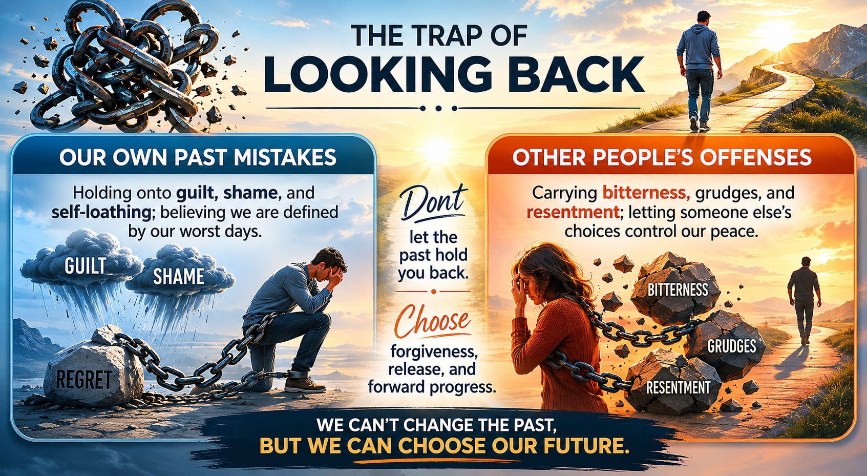 Spiritual Sunday infographic by Jared Wilson illustrating the trap of looking back, including guilt, shame, regret, bitterness, grudges, forgiveness, repentance, emotional healing, and moving forward through faith in Jesus Christ.