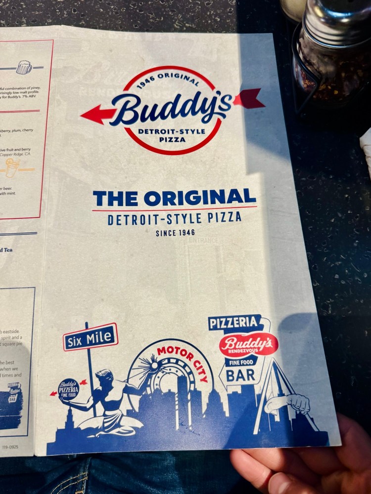 The front cover of a Buddy's Original Detroit-Style Pizza menu, photographed during a food tour stop by Jared Harding Wilson.