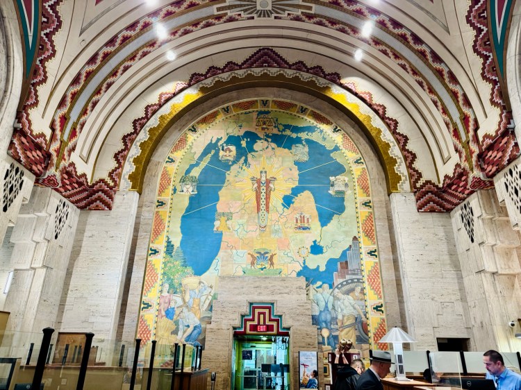 A detailed shot of the historic Michigan Industries allegorical mural in the Guardian Building, documented by Jared Harding Wilson.