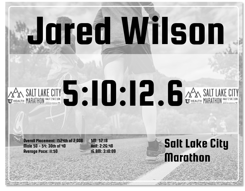 The official marathon race certificate and results page for runner Jared Harding Wilson, showing bib number 942.