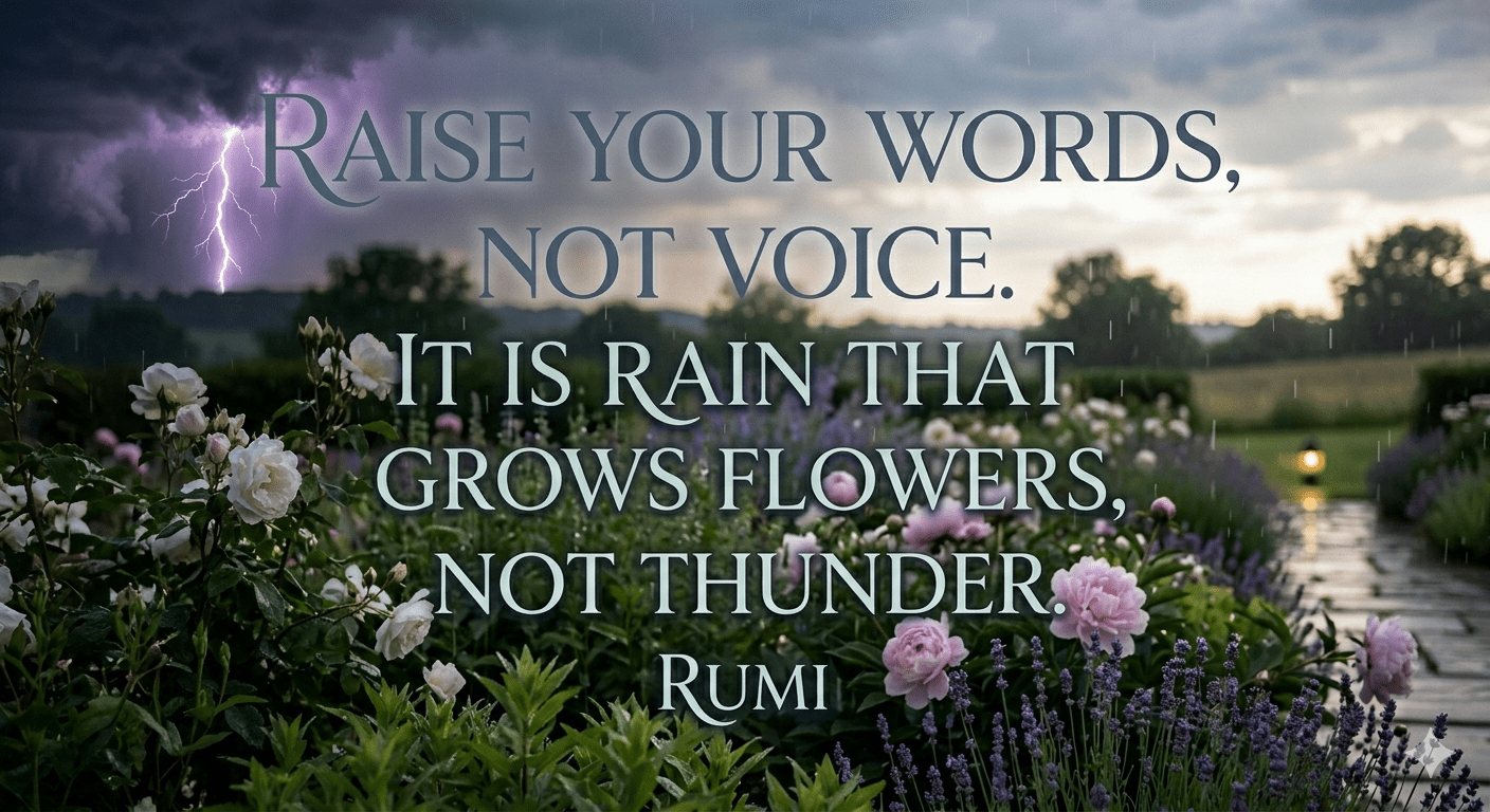 A dramatic garden photograph with a large lightning bolt in a dark, stormy sky contrasting with blooming flowers under falling rain. Central text displays the Rumi quote: 'RAISE YOUR WORDS, NOT VOICE. IT IS RAIN THAT GROWS FLOWERS, NOT THUNDER.