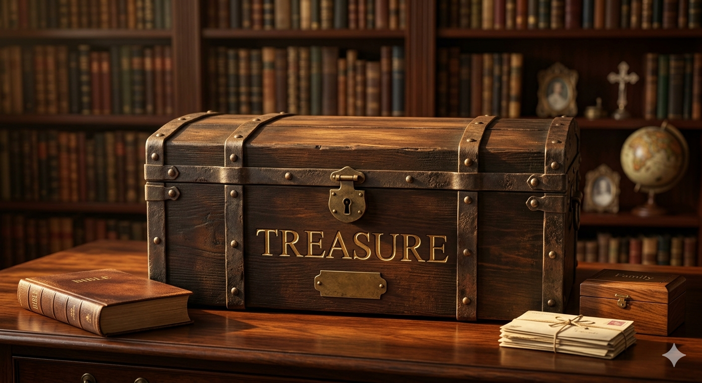 A vintage wooden treasure chest on an antique desk, labeled TREASURE and surrounded by a Bible and letters, which Jared Harding Wilson identifies as the enduring symbols of faith, family, and good friends.